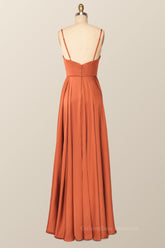 Party Dress Afternoon Tea, Rust Color V Neck Long Party Dress